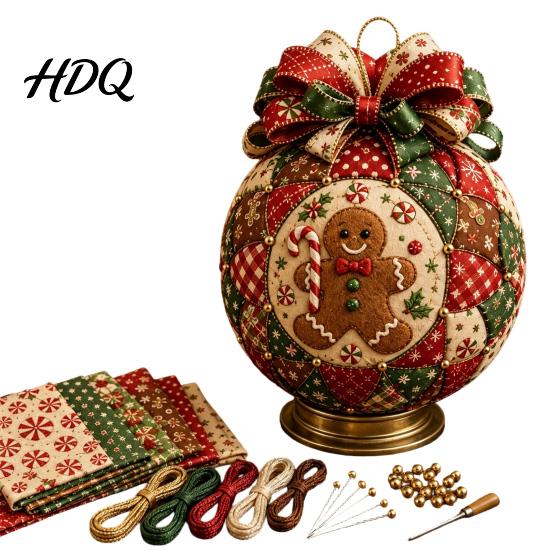 Christmas Patchwork Ornament Kit Quilted Fabric Ball DIY Kit Craft Material Pack Handmade for Beginner Xmas Tree Hanging Decor Adults Family
