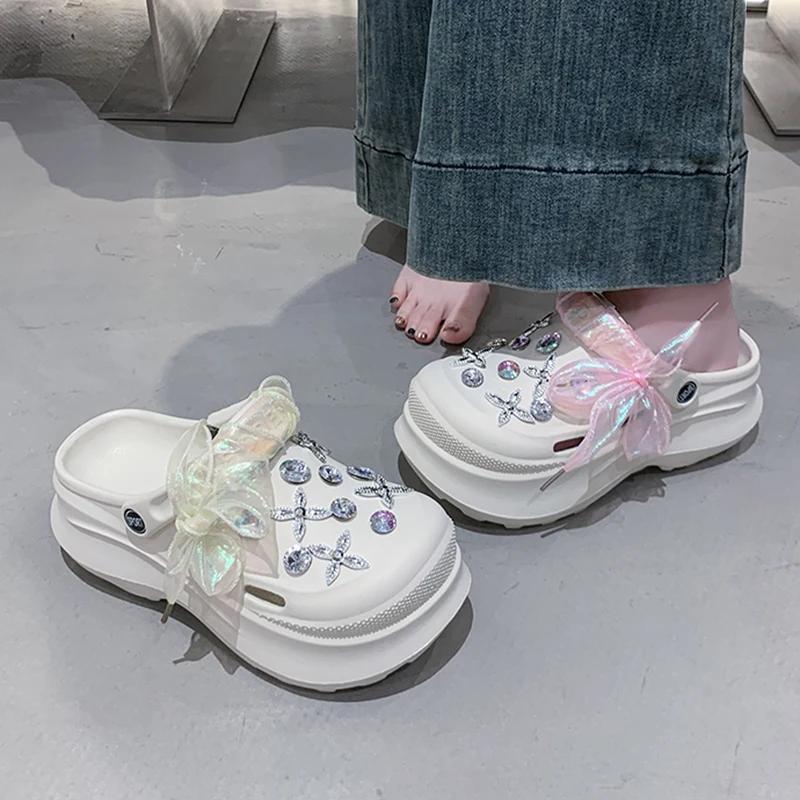 Fashion Luxury Rhinestone Chunky Sandals Women Laser Ribbon Platform Clogs Slippers Woman 2025 Summer Thick Bottom Garden Shoes Female