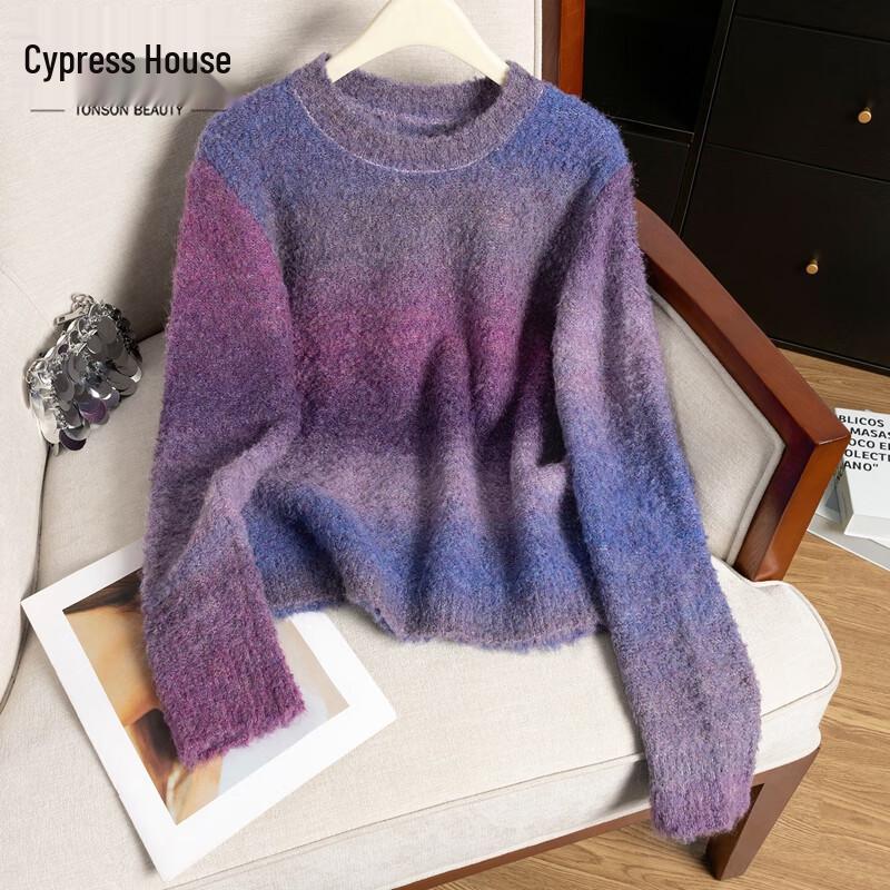

Women s Gradient Wool Blend Loose Round Neck Sweater L