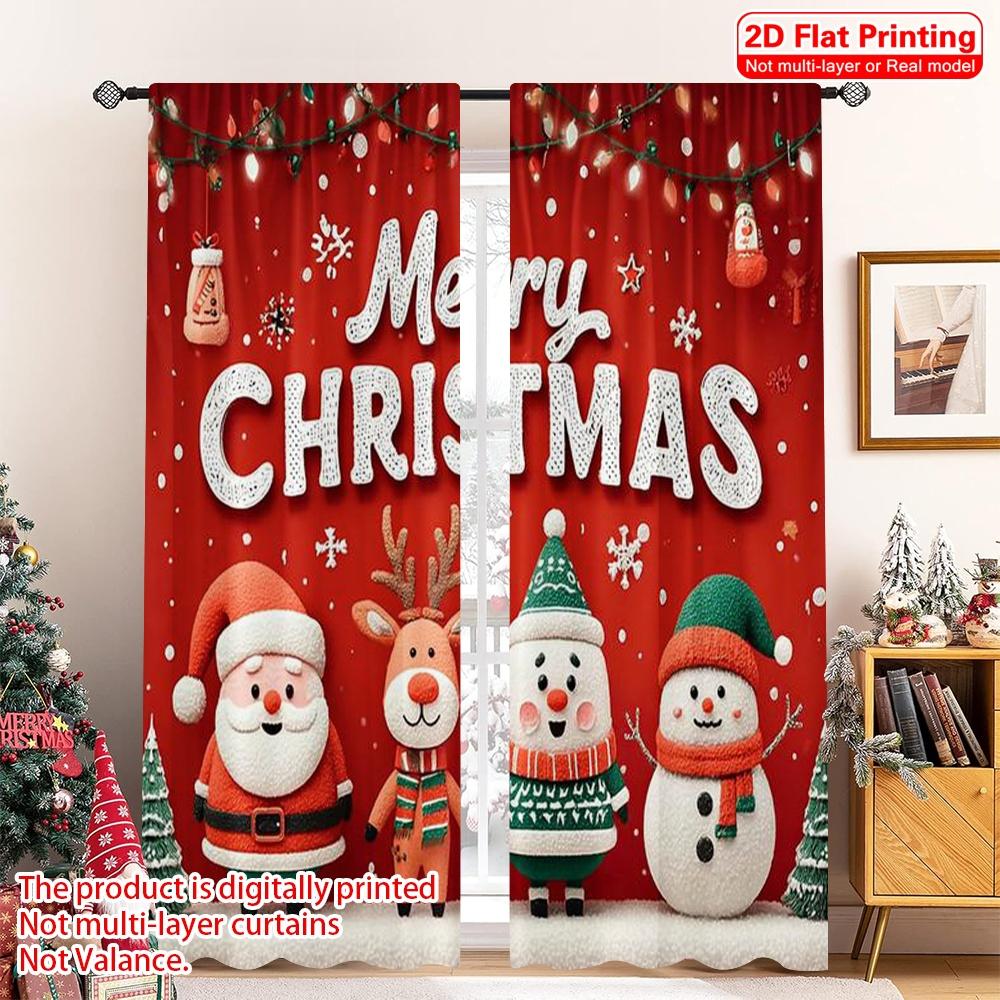 

Set Of 2 Flat Printing Christmas Scene Curtain Santa Claus Reindeer Durable Polyester Fabric Without Electricity Holiday Made W100*H70(CM)-Hooks&2PCS