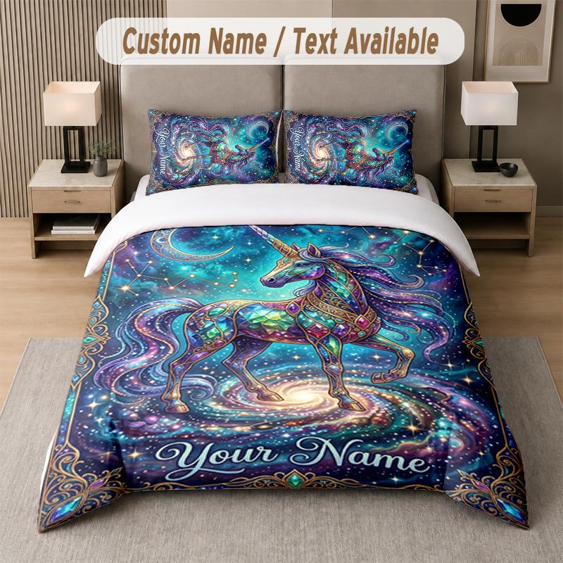 Unicorn Theme Custom Text Or Name 3Pcs Bedding Set 1 Flat Sheet & 2 Pillowcases Personalized Home Bedding