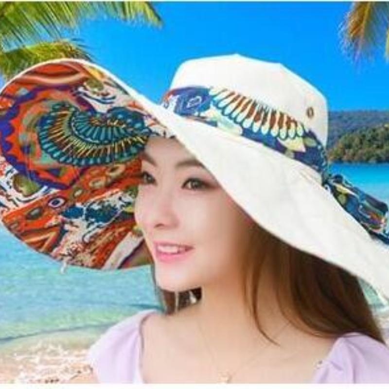 Sun Hats for Women Summer Large Beach Hat Flower Printed Wide Brim