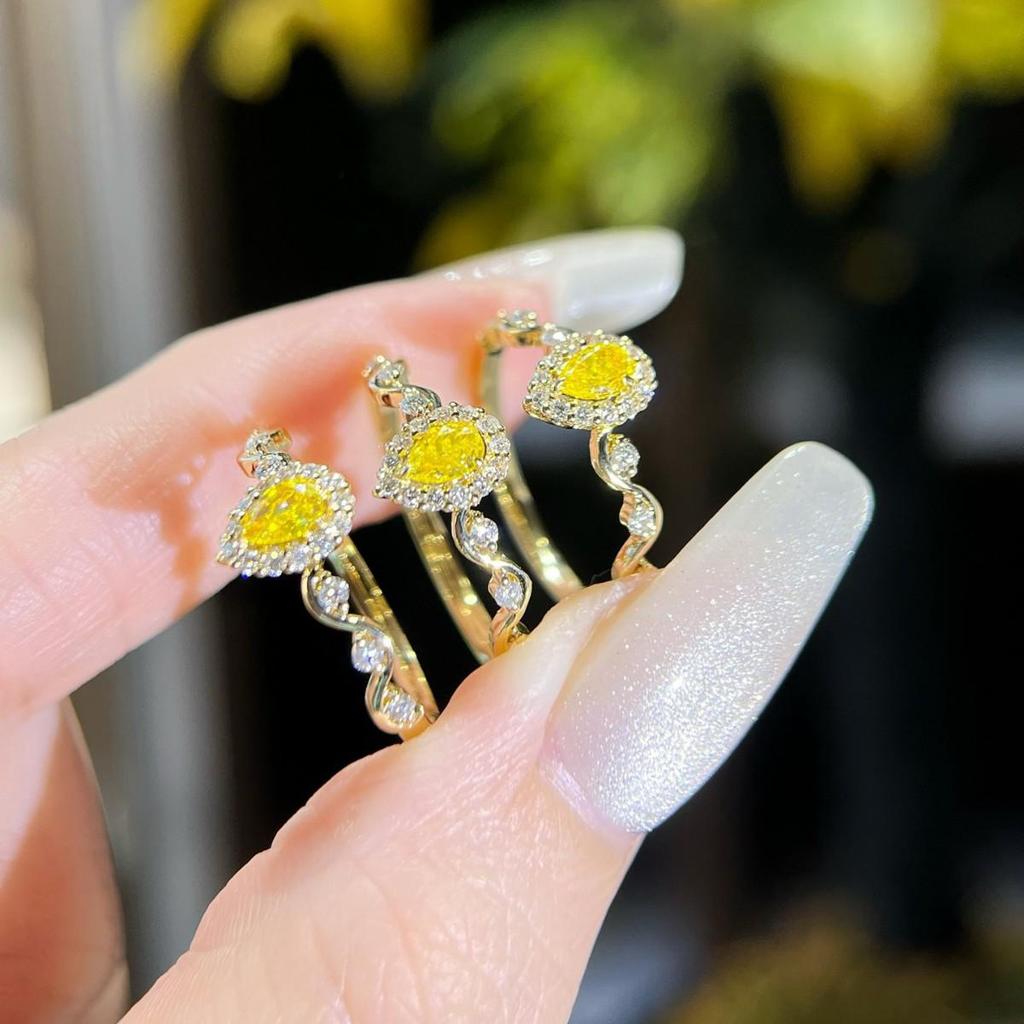 Silver Art S925 Sterling Silver Yellow Diamond Water Drop Geometric Luxury Ring for Women - Popular Cross-Border Stacking Finger Ring