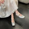 Women's Shoes with Increased Inner Belt French Ballet Shoes, Fairy Style Silver Mary Jane Shoes