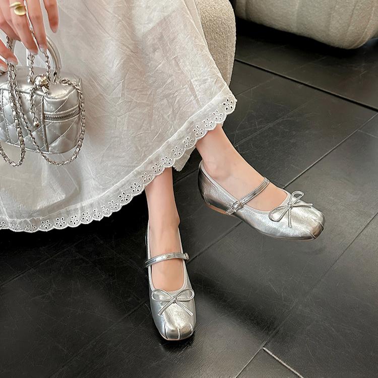 Women's Shoes with Increased Inner Belt French Ballet Shoes, Fairy Style Silver Mary Jane Shoes