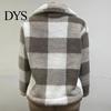 Soft Women Jacket Coat Lapel Long Sleeve Plaid Pattern Loose Fit Zipper Placket Double-Sided Plush Fabric