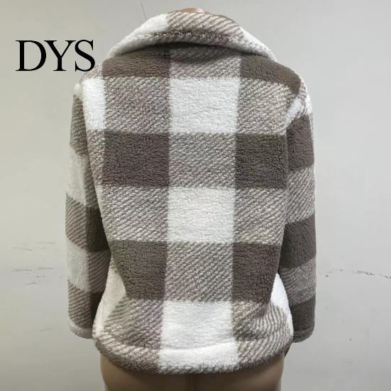 Soft Women Jacket Coat Lapel Long Sleeve Plaid Pattern Loose Fit Zipper Placket Double-Sided Plush Fabric