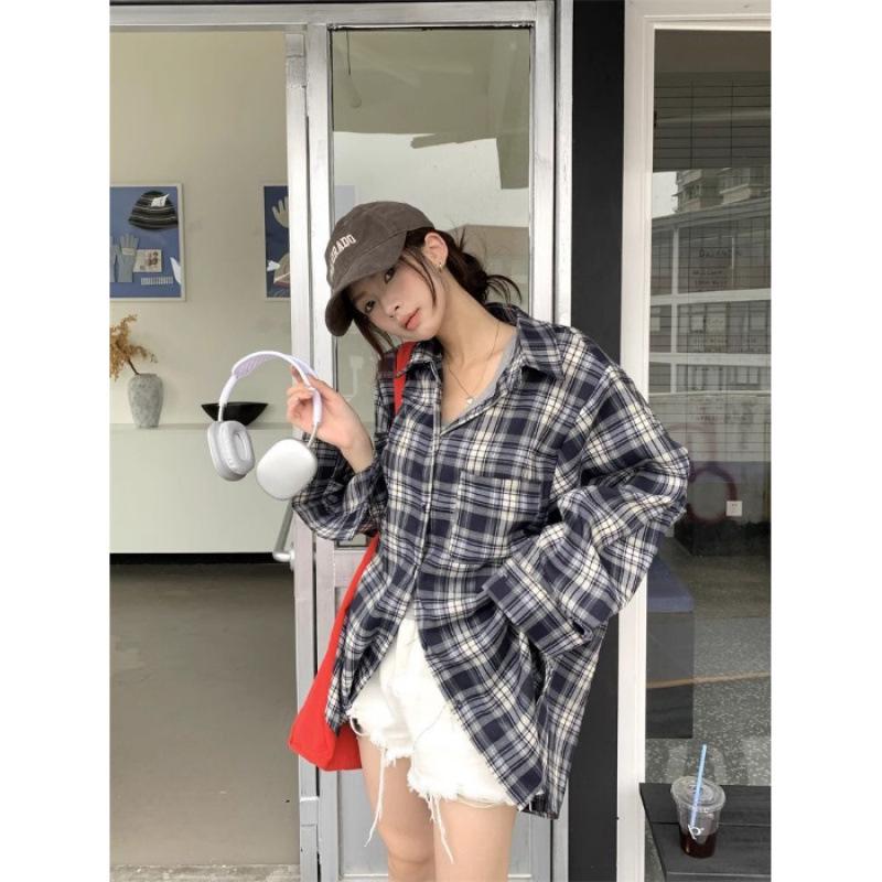 

Korean Retro Plaid Long Sleeve Jacket for Women - Spring/Autumn Loose Lapel Shirt L темно-синий