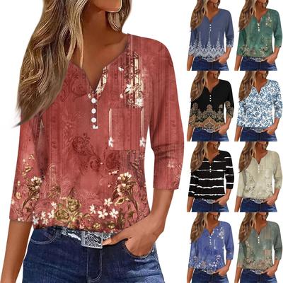 Moda Casual para Mujer Cuello en V Holgado Versátil Estampado Floral Mangas Tres Cuartos