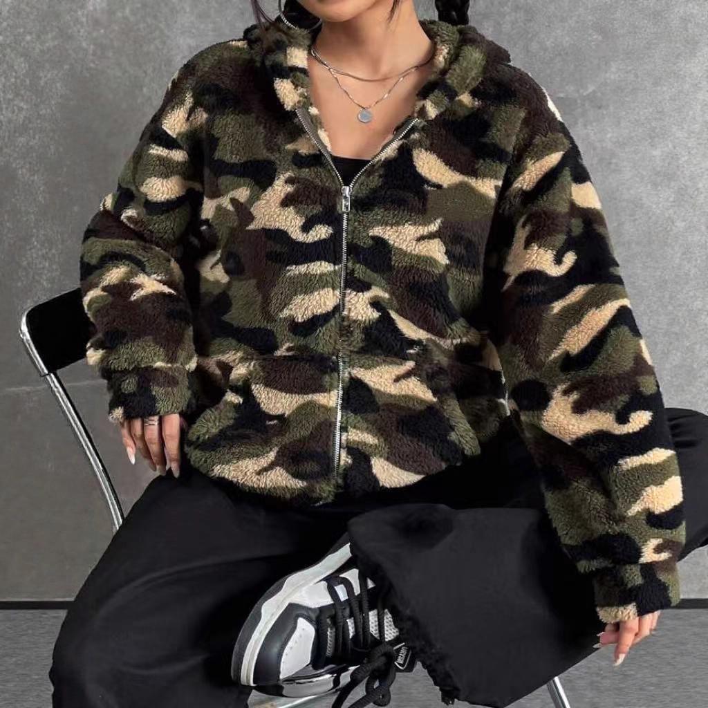 European & American Double-sided Camouflage Plush Zipper Hooded Women's Autumn/Winter Cardigan Coat