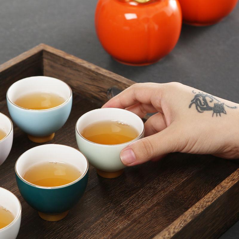 Chinese Teacup of 6 Pieces Set, Jingdezhen Teaware, Ceramic, Small Cute Tea Cups, Household Drinkware, Colorful, with Gold Rim