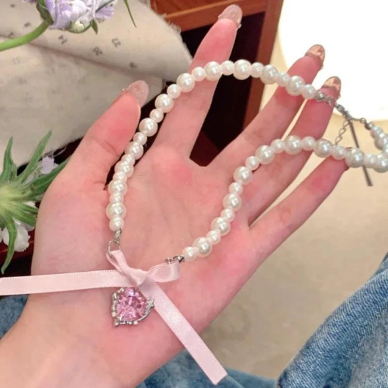 Kpop Goth Pink Ribbon Bow Imitation Pearl Beads Choker Necklace Y2K Sweet Cute Heart Pendant Clavicle Chain Girl Lolita Jewelry