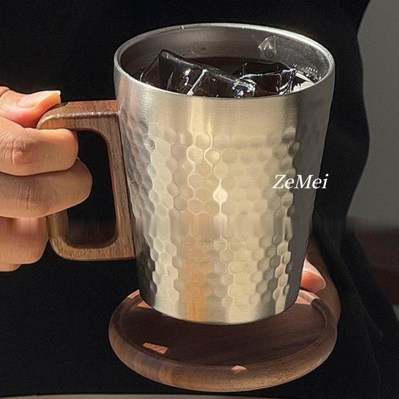 304 Stainless Stee Double-layer Coffee Cup,300 Ml Wooden Handheld Beer Mug,Gray Cold Drink Portable Outdoor Camping Travel Mug