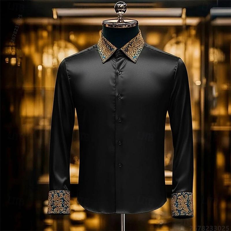Camisa de Hombre de Manga Larga Estampada en 3D de Lujo, Camisa de Vestir Ajustada con Patrón Dorado Barroco, Camisa de Hombre para Banquetes de Negocios