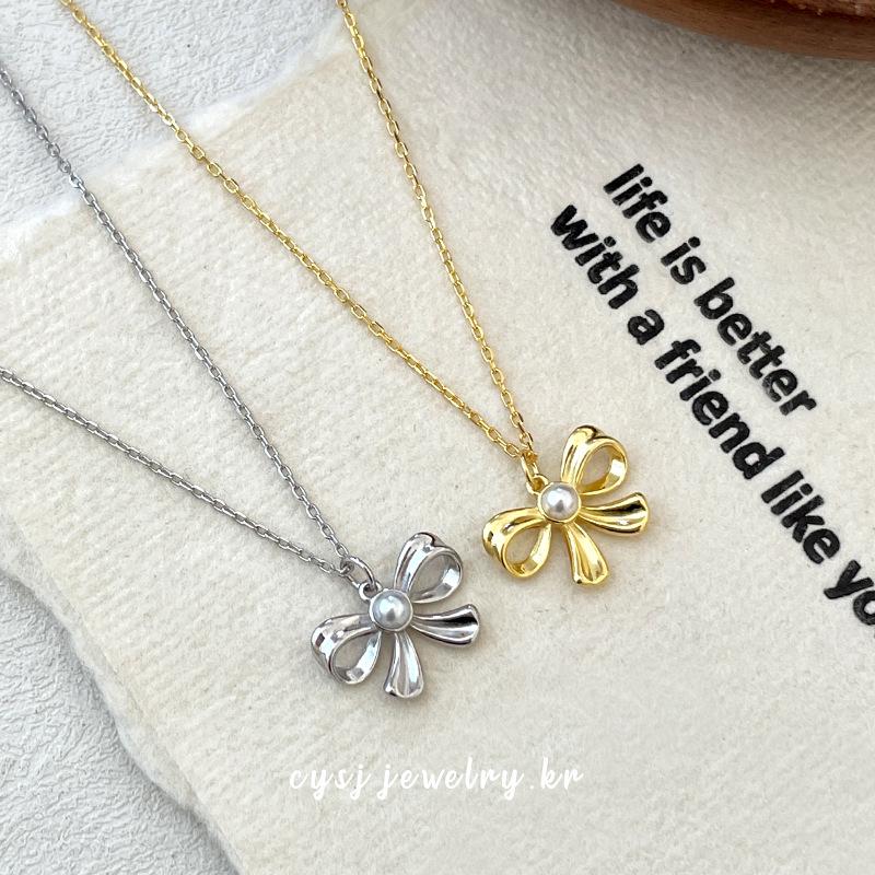 Cui Yan S925 Sterling Silver Korean Bow Pearl Necklace - 2025 Trendy Sweet Clavicle Chain for Women