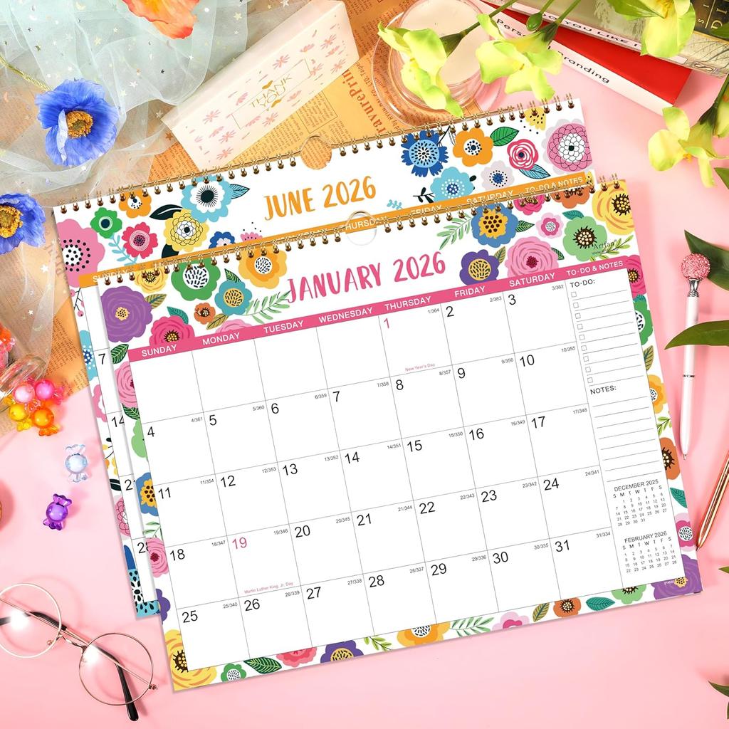 2026 Calendar - 2026 Wall Calendar, 15" x 11.5", JAN.2026 -DEC.2026, 12 Monthly Wall Calendar 2026, Hanging Hook - Clorful Floral