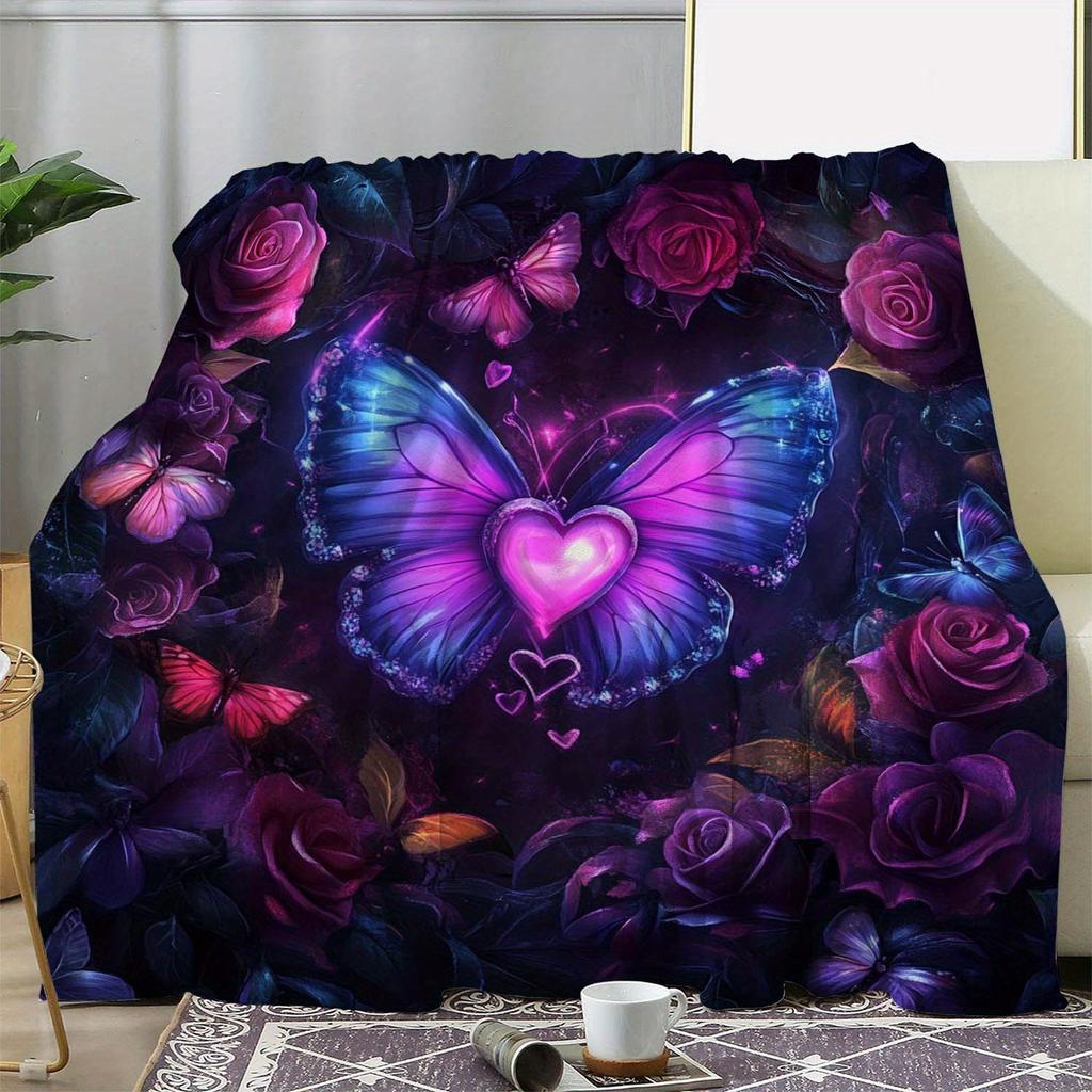 1pc Enchanting Love Heart & Purple Butterfly Print Flannel Blanket - Soft, Warm, and Cozy for Sofa, Bed, Car, Office, Camping, a