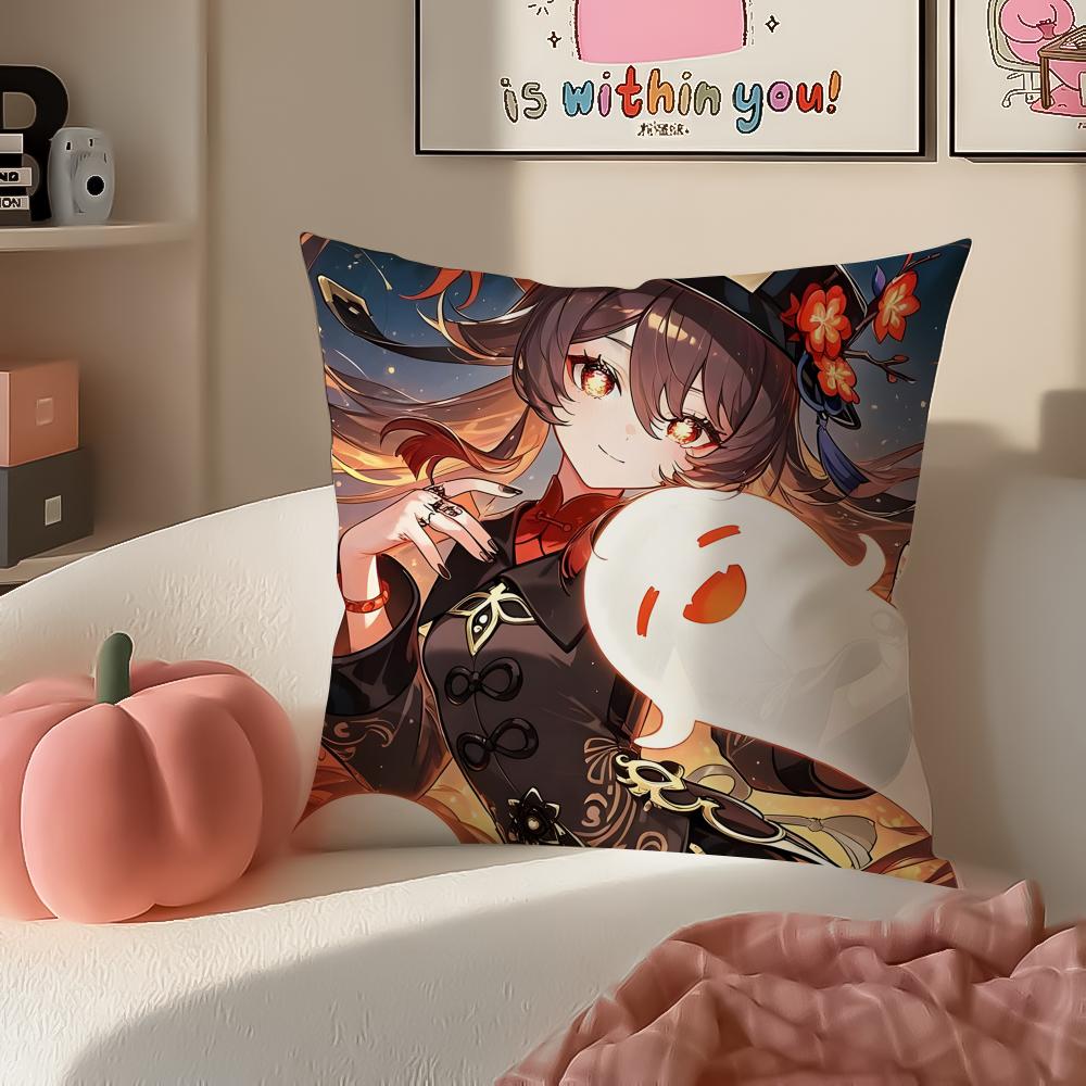 Game Genshin Hu Tao Cushion Cover Pillowcase Short Plush Invisible zipper Room Sofa Cushion Cover