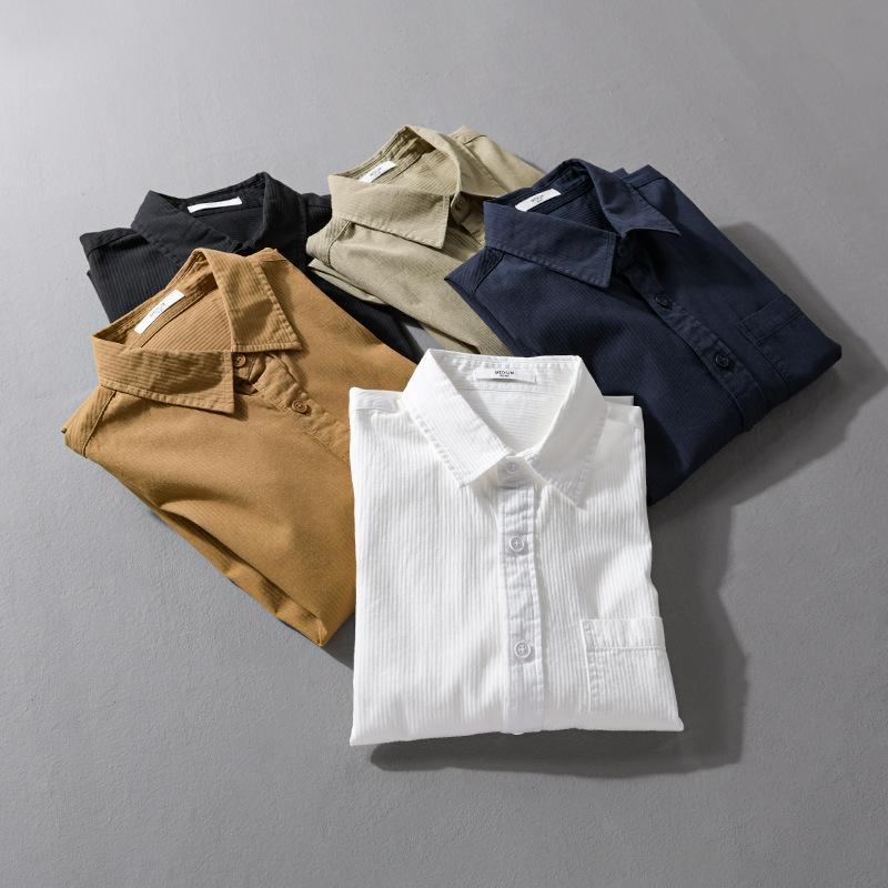 Spring and Autumn Casual Shirts for Man Retro Style Long Sleeve Top Daily Pure Cotton Turn Down Collar Solid Color Shirt with Pocket