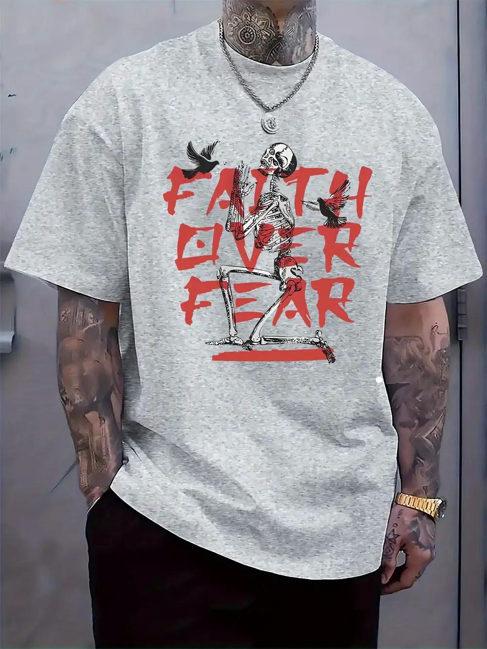 

Faith Over Fear Graphic T-shirt - Light Gray Casual Summer Tee with Skeleton & Birds Design S