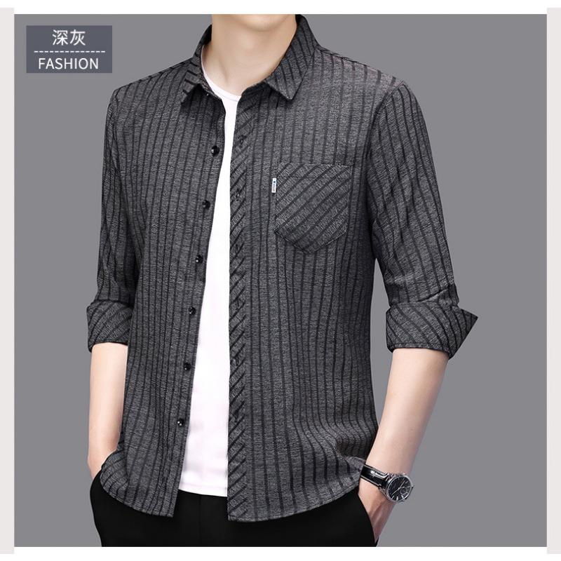 Smooth Anti-pilling Mulberry Silk Men's Long-sleeved Shirt Spring and Autumn New Striped Shirt No Ironing