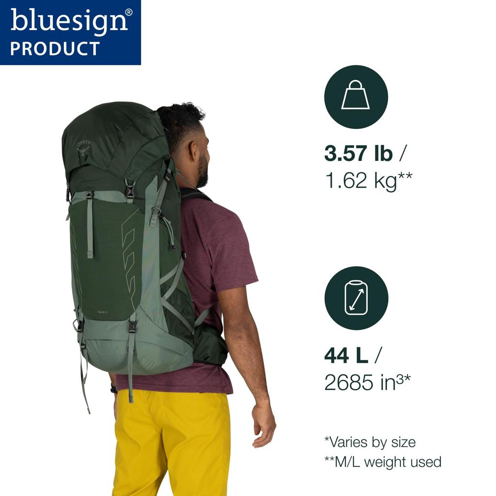 Osprey Talon 44L Lightweight Hiking Backpack with 6 Men's Hipbelt, Black/Coal Grey, Large/X-Large, Liters.