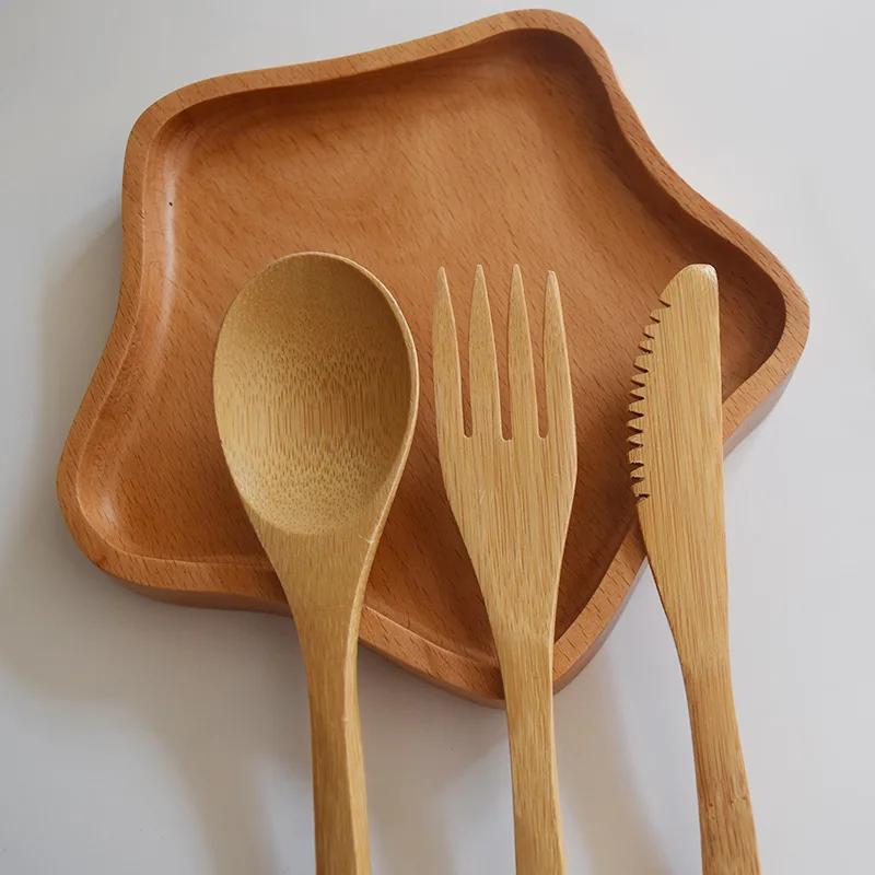 3Pcs/set Wooden Dinnerware Set Bamboo Fork Knife Soup Teaspoon Catering Cutlery Set With Cloth Bag Kitchen Cooking Tools Utensil
