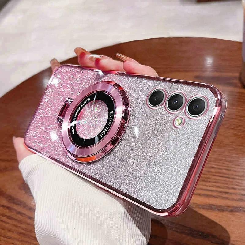 A56 A36 A26 S24FE Glitter Plating Holder Silicone Case For Samsung Galaxy A16 A15 A25 A35 A55 A14 A24 A34 A54 5g Stand Cover