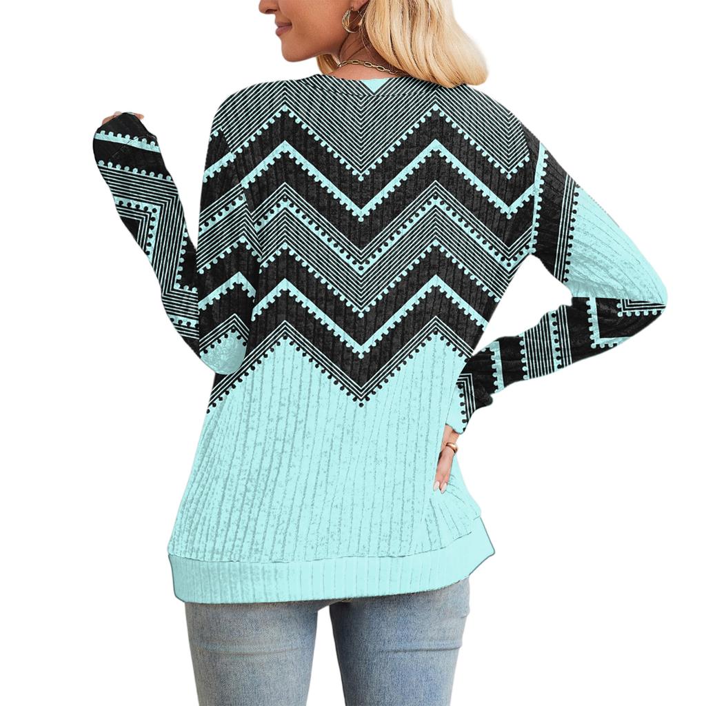 Fashionable Women's Long Sleeved Gradient Floral Print Lightweight Sweater With Loose Round Neck Top