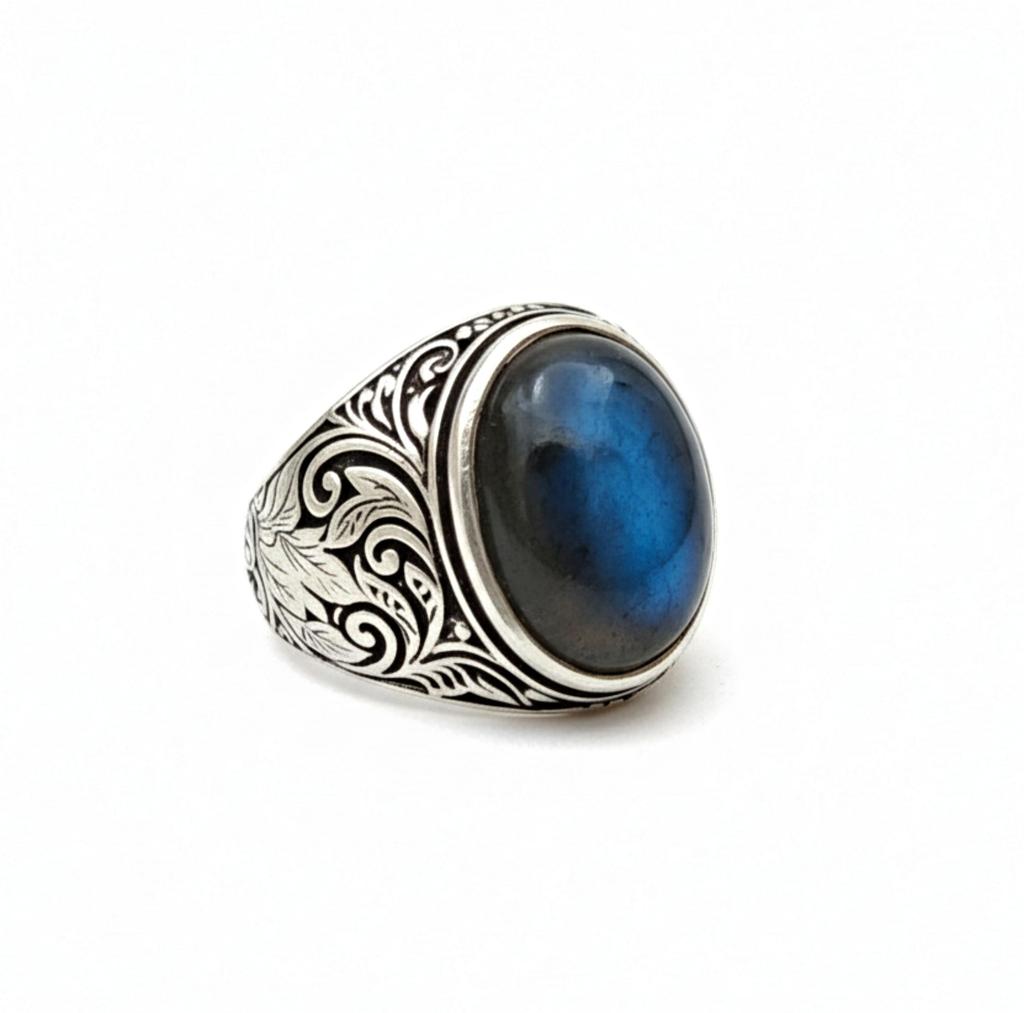 Labradorite Oval Cut Gemstone Signet Ring, 925 Solid Sterling Silver, Filigree Scrollwork Band Jewelry
