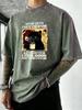 After Coffee Cat Feel Good Print Men Washed TShirt Retro Crewneck T Shirts Hip Hop Loose Clothes Summer Cotton Streetwear