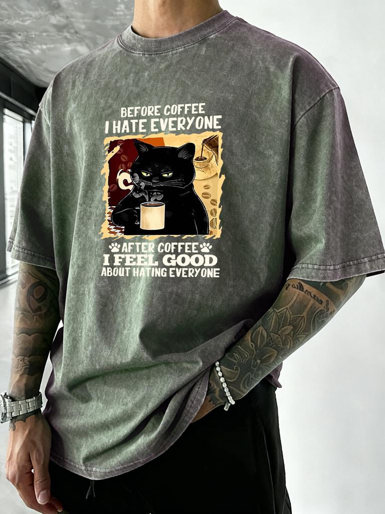 After Coffee Cat Feel Good Print Men Washed TShirt Retro Crewneck T Shirts Hip Hop Loose Clothes Summer Cotton Streetwear
