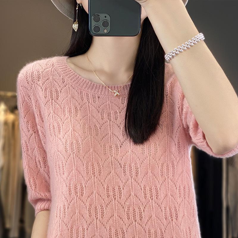Hollow Thin Knitted Base Spring and Summer New Loose Embroidered Fashionable Versatile Round Neck Five-point Sleeve Top
