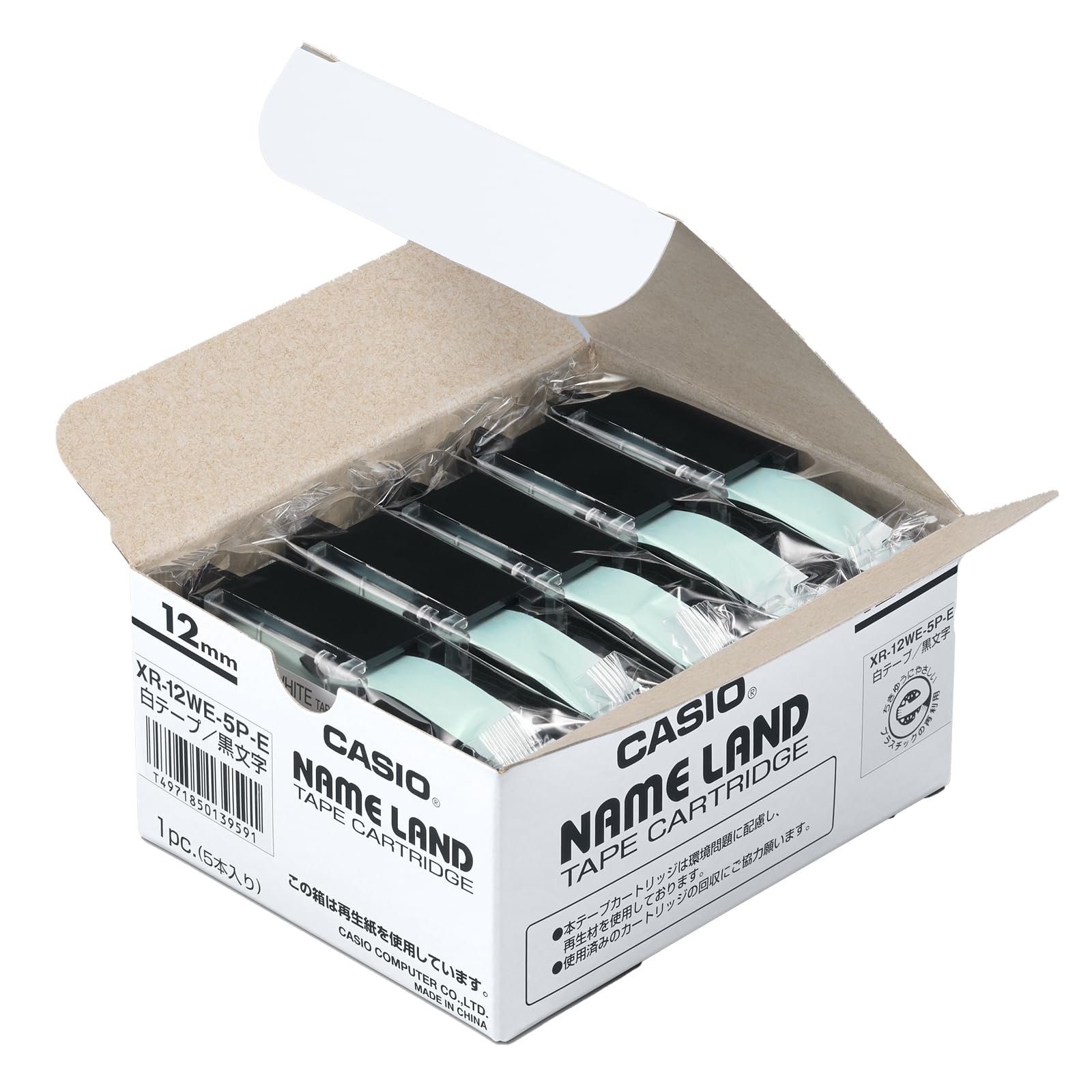 

Casio Label Writer Nameland Genuine Tape 12mm 5 black letters on white background XR-12WE-5P-E