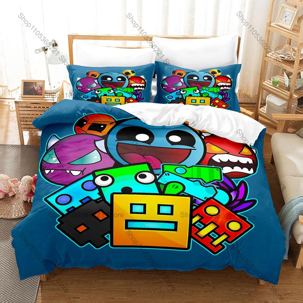 Angry Geometry Dash Angry Expression Cube Spike Neon Rhythm Game Print Duvet Cover + 2 Pillowcases Bright Color Microfiber