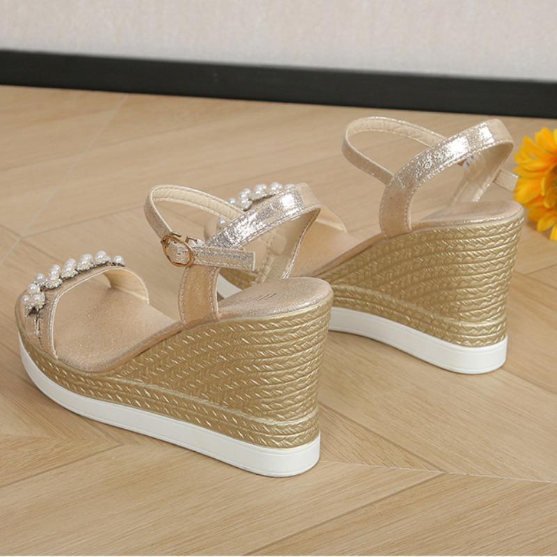Women Platform Sandals 2024 Summer Pearl Transparent Rhinestones High Heels Buckle Fashoin Ladies Wedge Sandals Beach Shoes