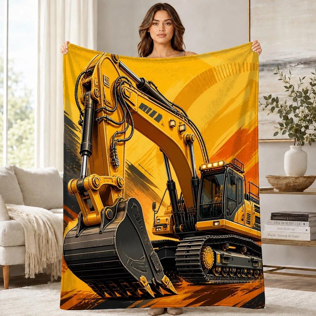 Yellow Hydraulic Excavator Coral Fleece Blanket Construction Decor