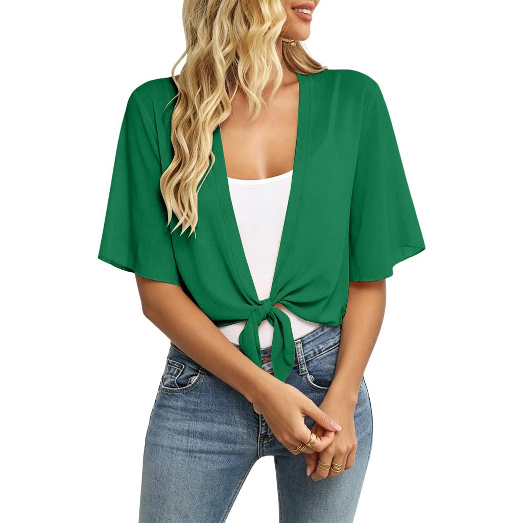 Cardigan da Donna a Maniche Corte con Nodo Frontale Leggero Aperto Vestibilità Larga Kimono Blusa Casual Top per l'Uso Quotidiano