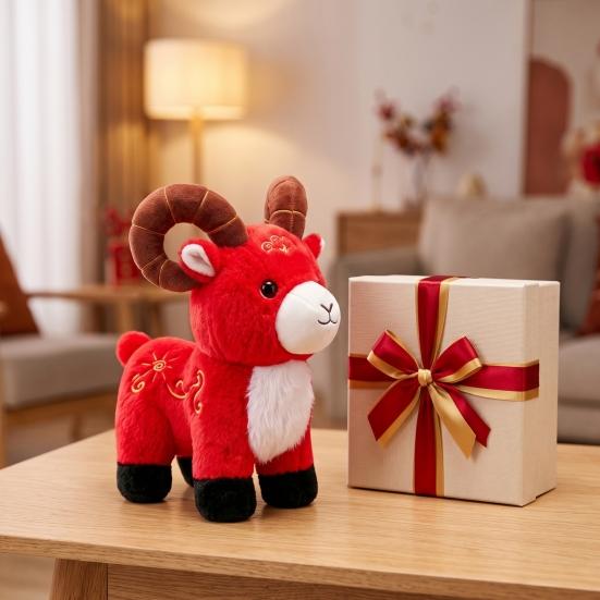 Plush Lamb Doll New Year Sheep Doll, of The Mascot Toy, Auspicious Cloud Soft Toy Embroidery, Red Cute Stuffed Animal for Chinese Gift Home