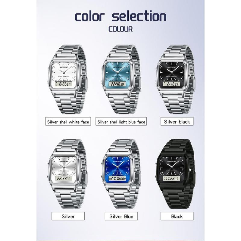 SANDA Neutral Dual Display Clock Waterproof Sports Quartz Watch Luxury Women's Stainless Steel Digital Electronic Watch