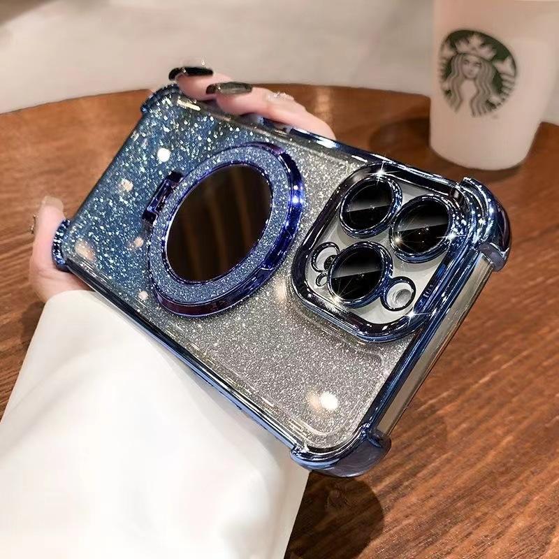 Glitter Makeup Mirror Magnetic Suction Bracket Suitable for Apple 16 Mobile Phone Case IPhone 14 Four-corner Electroplating Lens Film Hard Case
