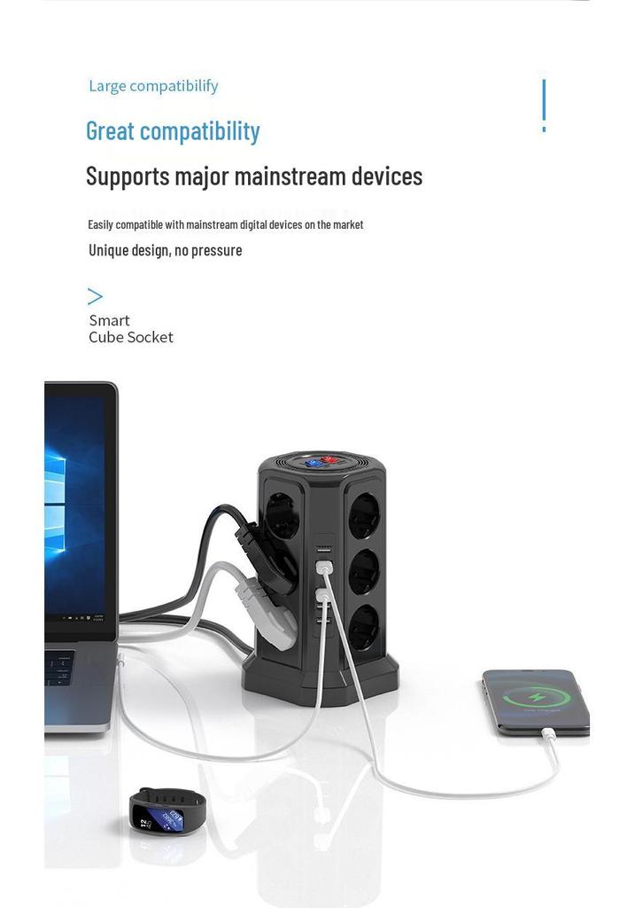European Standard Power Strip: 3-Layer, 12 Sockets, USB, Extension Cord, Multi-Hole Plug Board
