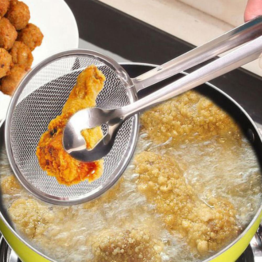 2-in-1 Stainless Steel Oil Frying Clamp Filter Fine Mesh Strainer With Clip Tongs for Oil-frying Food BBQ Kitchen Tools 1PC
