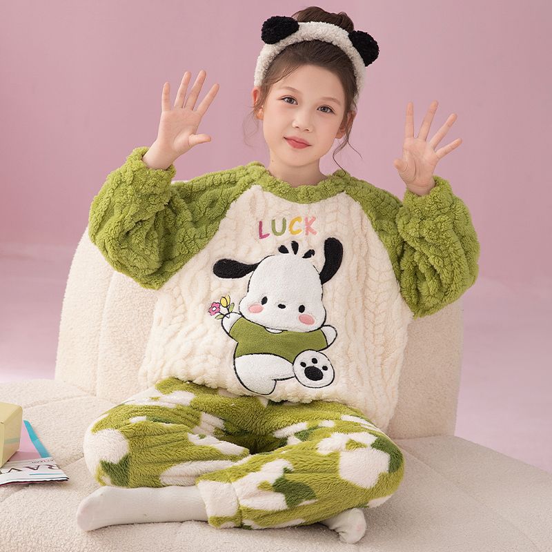 Kids Flannel Pajamas Set Boys Girls Warm Long Sleeve Top And Pants Sleepwear Winter Home Nightwear