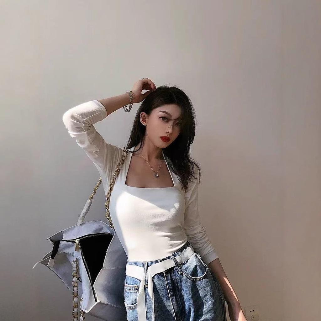 French Square Collar German Velvet Long-sleeved T-shirt Design Pure Clavicle Top Inner Bottom Shirt for Women Autumn and Winter