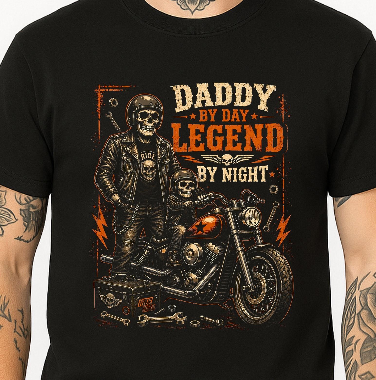 Skull Biker T-Shirt Daddy By Day Legend By Night Motorcycle Dad Graphic Tee. XL