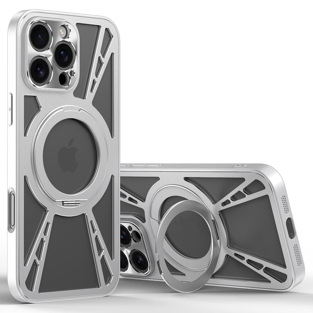 For iPhone 16 Pro Case Magnetic Kickstand Hollow Heat Dissipation Silicone+PC+Metal Bumper Phone Cover