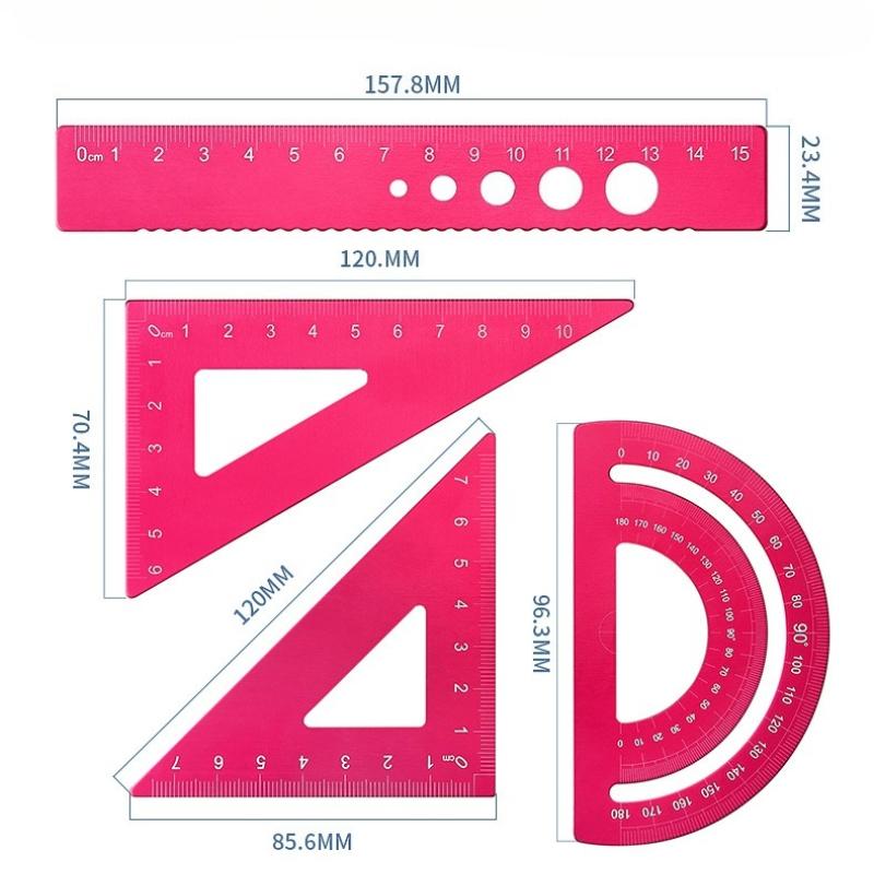 4Pcs/Set Aluminium Ruler Set Metal Geometry Maths Drawing Compass Stationery Rulers Mathematical for School
