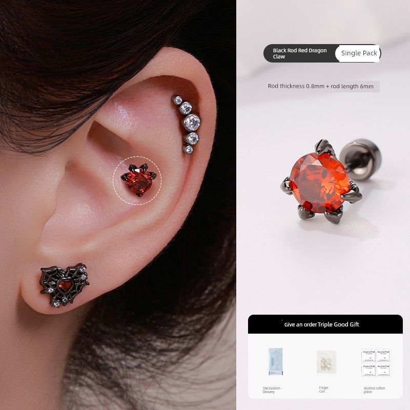 

Titanium Steel Dragon Claw Stud Earrings Are Beautiful Ear Bone Stud Flash Zircon Ear Bone Pin Ear-Caring Anti-Allergy Sleep No Need to Take off [Single Red Diamond] 0.8 thick rod 6mm long