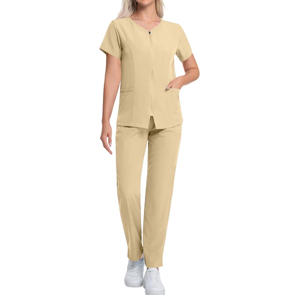 Women's Short Sleeved Color Round Neck Pocket Top Pants Work Clothes Two Piece Set